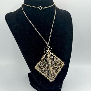 Vintage silver filigree large intricate hamsa pendant 24” chain